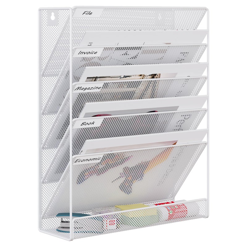 EasyPAG 5 Tier Wall File Holder, Mesh Hanging Folder Organizer with Classify Label, Versatile Desk File Holder, Vertical Wall Mounted Mail Organizer for Office Home Cubicle, White - Image 1